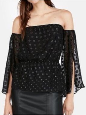 Express Black Off-Shoulder Polka Dot Peasant Blouse